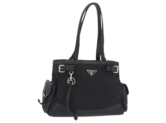 PRADA Tote Bag Nylon Black Silver Auth 207682 Silvery