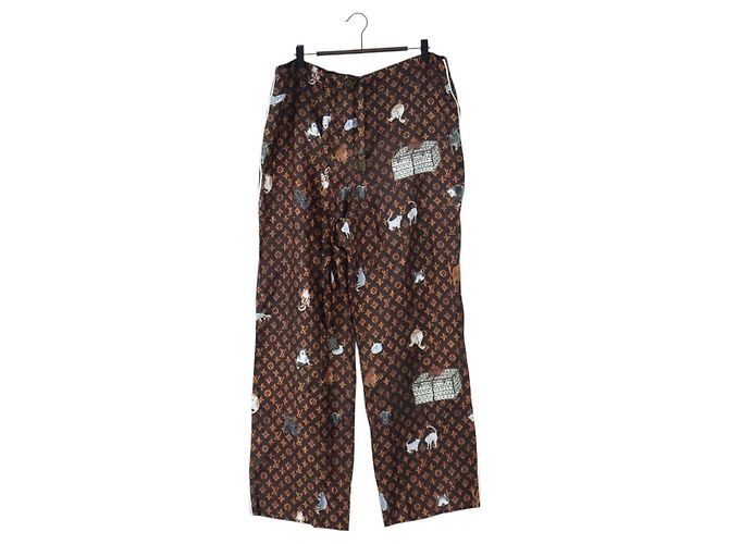 LOUIS VUITTON Pantalones rectos Catgram de seda 38 Brown LV Auth BA15774SAM Castaño