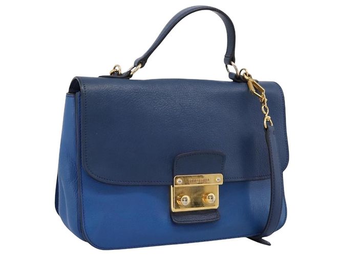 Bolsa de mão Miu Miu Madras em couro 2way Navy tom dourado Auth LN072A