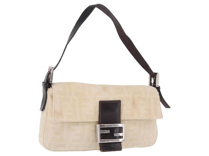 Sac à épaule FENDI Zucca Canvas Mamma Baguette Ivory Silver Auth 205920 Argenté Écru