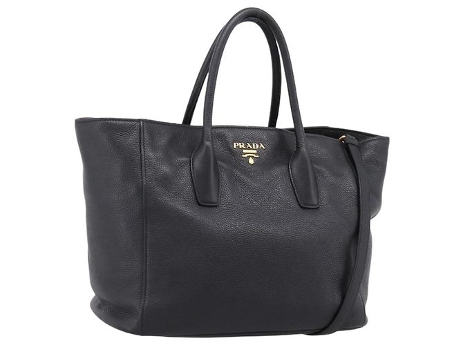 PRADA Handtasche Leder 2way Schwarz Goldfarben Auth 207702V