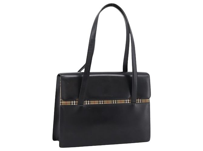 Burberrys Tote Bag Leder Schwarz Silber Auth bs37491