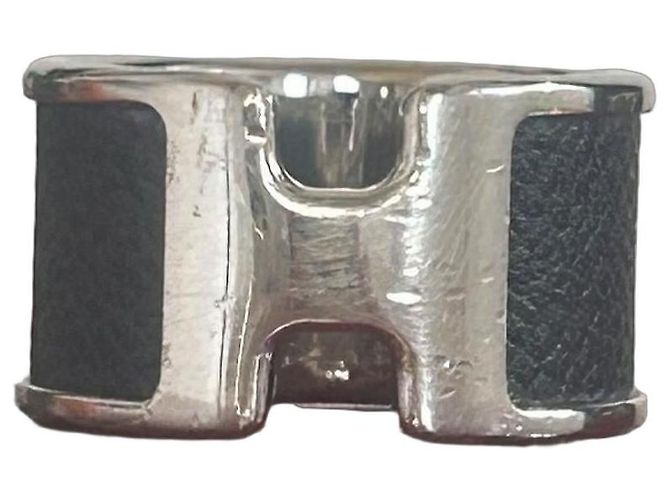 Ring Anello Hermès "H" in argento e pelle nera taglia M Nero Silver hardware