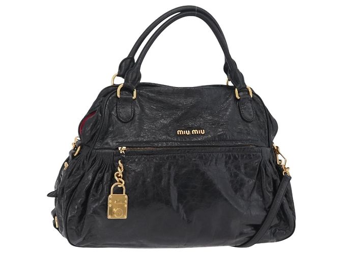 Bolso de mano Miu Miu de cuero 2way Negro Oro Auth 167663M Dorado