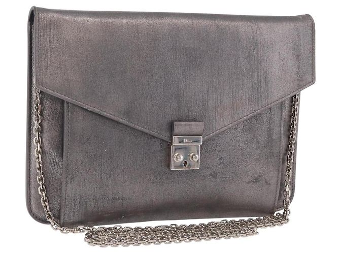 Christian Dior Schultertasche mit Kette Leder Silver Auth ka6506