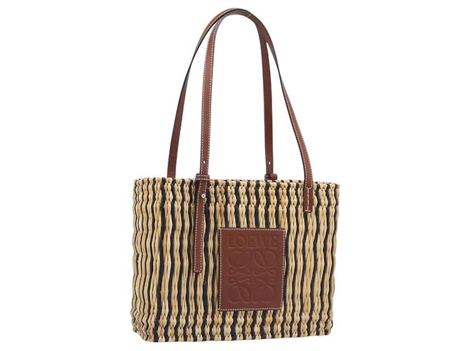 LOEWE Tote Bag Raffia Beige Silver Auth 206724M Silber