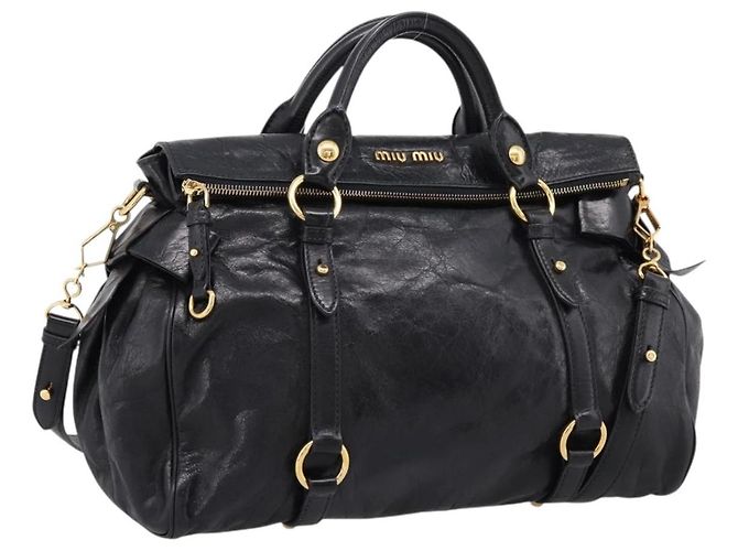 Sac à main Miu Miu Vitellolux 2way Black Gold Auth 207617SAM Noir Doré