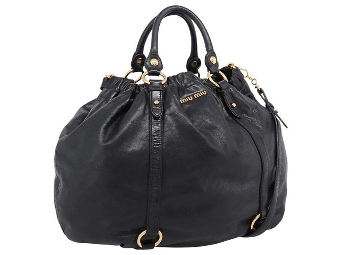 Bolsa de Mão Miu Miu em Couro 2way Preta Dourada Auth 167723M Preto Dourado