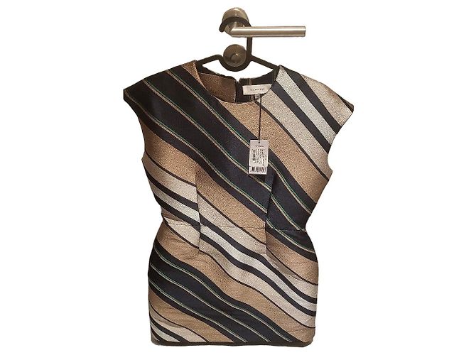 Carven Mehrfarbig gestreiftes Kleid Schwarz Mehrfarben Beige Grün