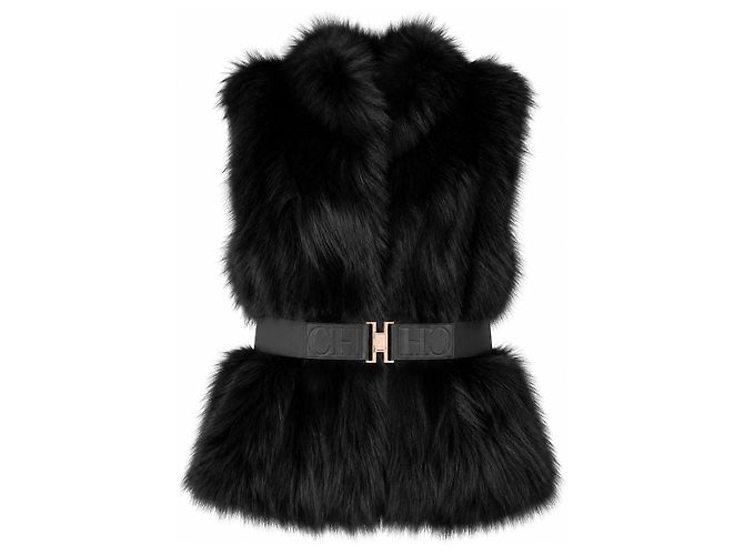 Chaleco de pelo negro Carolina Herrera con cinturón