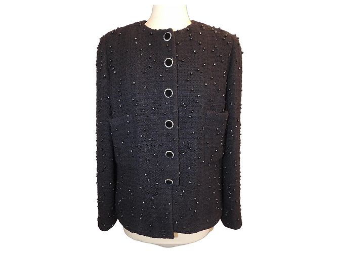 Chanel Tweedjacke Schwarz CC-Logo Perlen Größe 44
