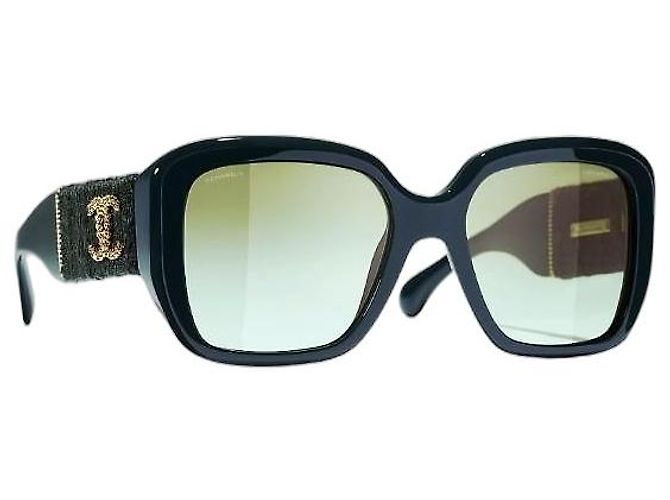 Occhiali da sole Chanel CC Tweed Oversized D'oro Verde scuro
