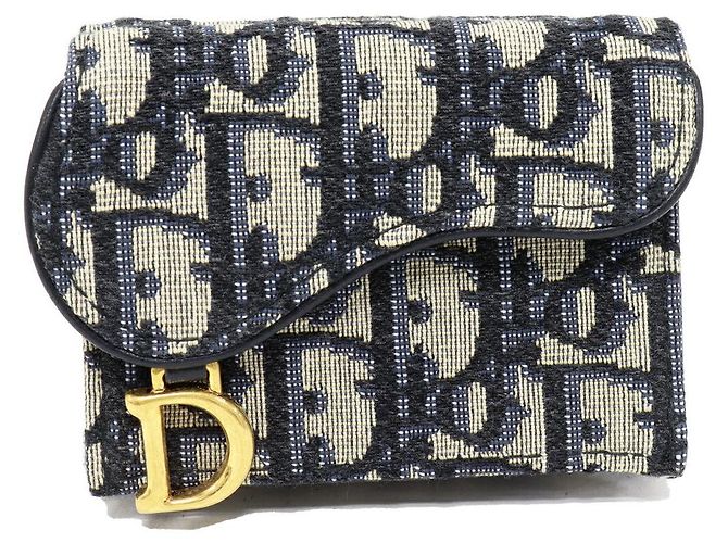Dior Saddle Oblique Canvas Calfskin Trifold Wallet Blue