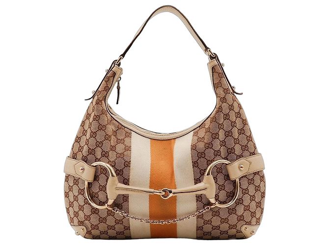 Bolsa Hobo Gucci em tela monogramada com riscas Bege Laranja