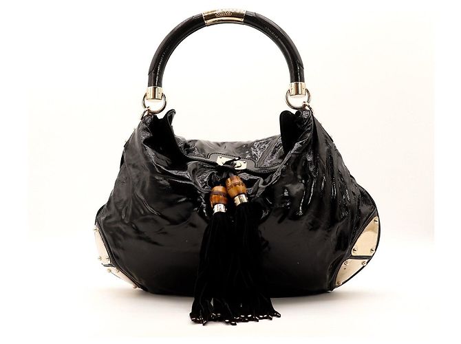Bamboo Bolso Hobo Gucci de piel charol negra con borla de bambú Negro