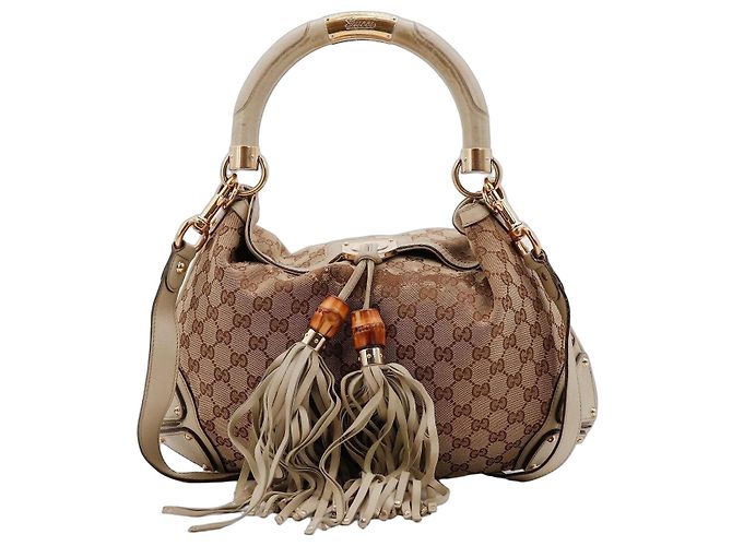 Bamboo Bolsa Hobo Gucci em tela monogramada com borlas Marrom Bege