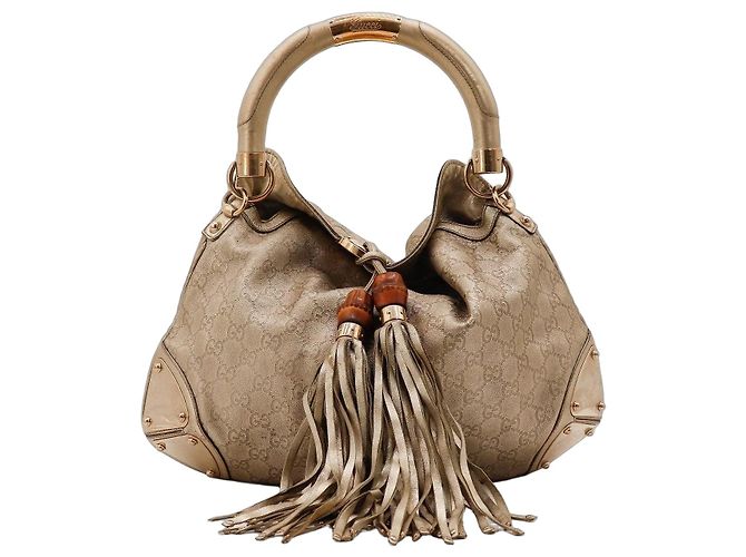 Bolsa Hobo Gucci Monogram Bamboo com Borlas Bege