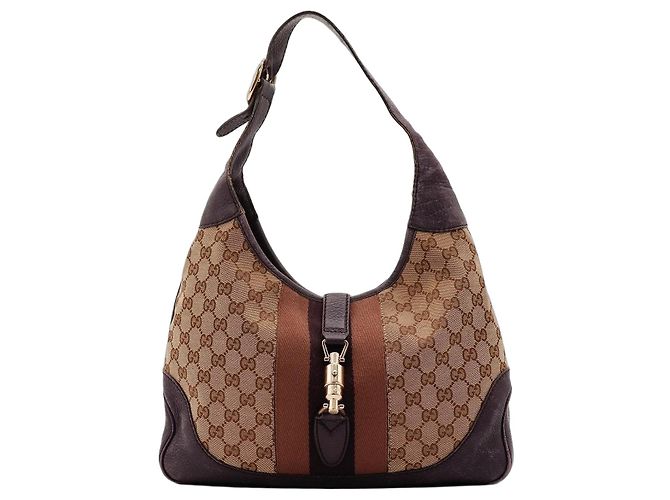 Bolsa Hobo Gucci Jackie Monogram Canvas Medium Marrom Bege