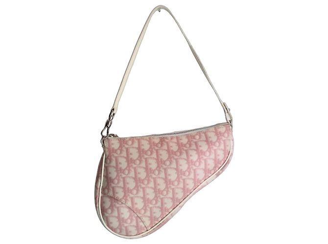 Dior Bolsa Saddle Rosa Tela Couro Bege