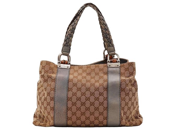 Sac cabas Gucci Monogram Canvas Bamboo Shopper Marron Beige