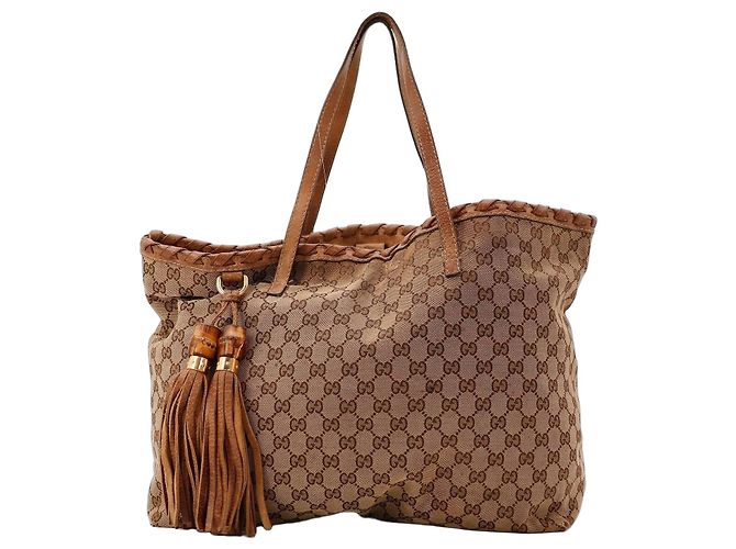 Bamboo Borsa Tote Gucci Monogram Canvas con nappina Marrone