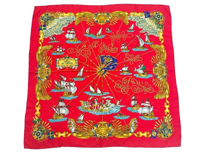 Hermès Lenço de seda vermelho Hermes Voiles de Lumiere Multicor