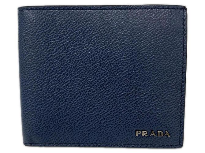 Prada Vitello Daino Triangle Logo Bi-fold Wallet Navy blue