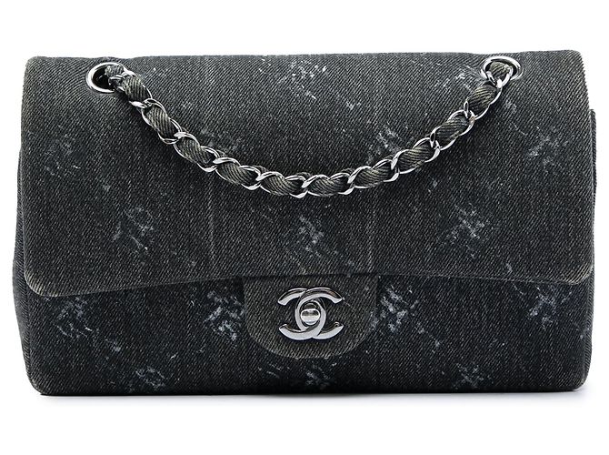 Chanel Black Medium Classic Printed Denim Double Flap Schwarz