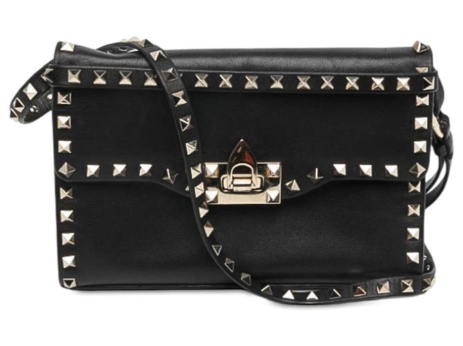 Valentino Borsa a tracolla Rockstud in pelle nera Small con chiusura flip lock Nero