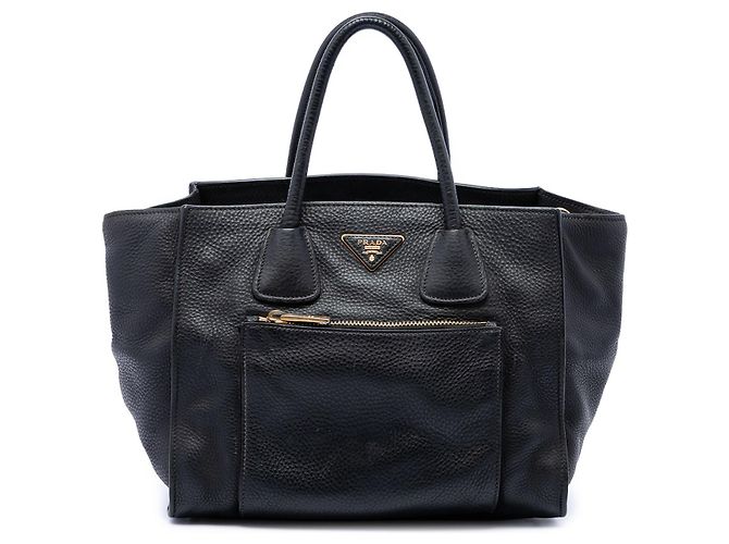Sac cabas convertible ouvert Prada en Vitello Daino noir avec poche frontale