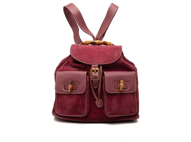 Gucci Red Large Suede Bamboo Drawstring Backpack
