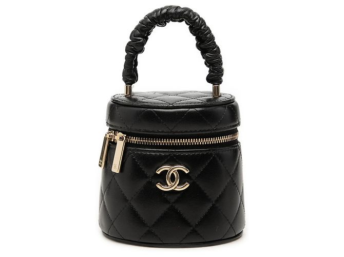 Mini Vanity Case Chanel en Agneau Matelassé Noir avec Poignée Froncée