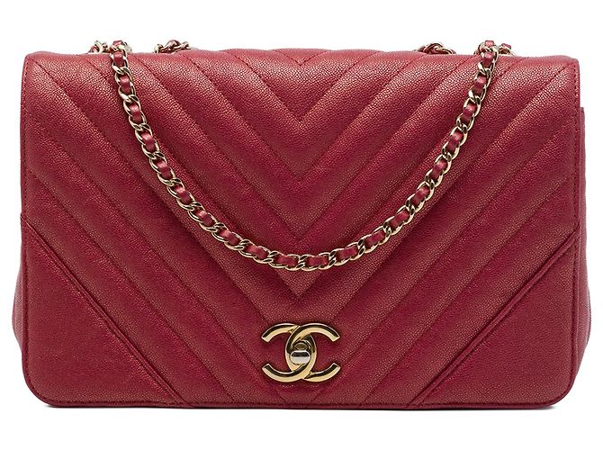 Chanel Red Medium Chevron Iridescent Caviar Statement Flap Rouge