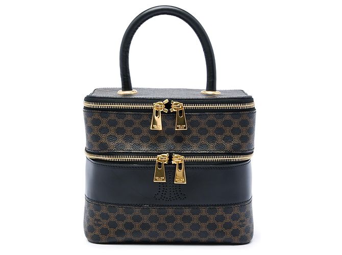 Céline Bolso de tocador Celine Brown Macadam Coated Canvas Double Zip Castaño Marrón oscuro