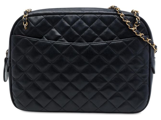 Borsa Camera Chanel in pelle d'agnello matelassé nera con catena CC Nero