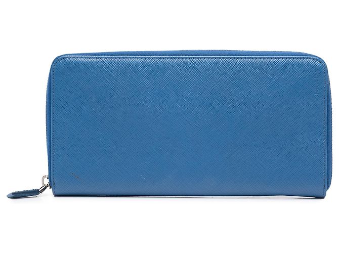 Prada Blue Saffiano Zip Around Reise-Organizer Geldbörse Blau