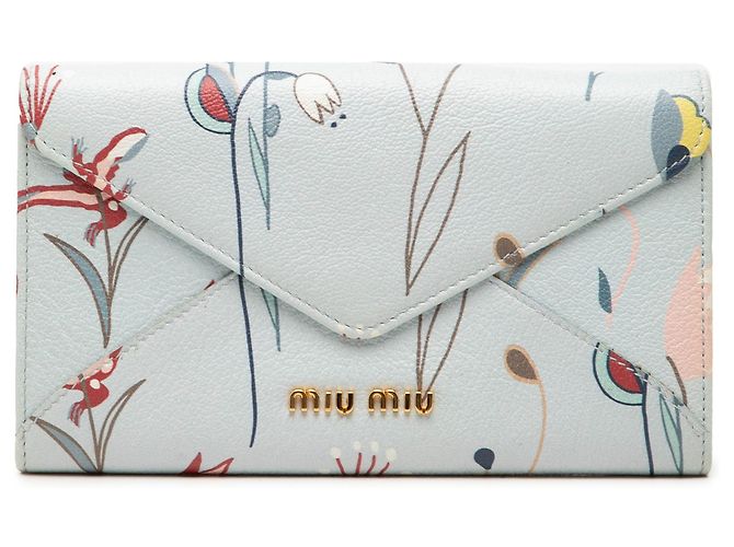 Miu Miu Blue Goatskin Floral Print Envelope Wallet Light blue
