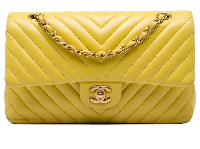 Chanel Yellow Medium Classic Chevron Lambskin Double Flap Jaune