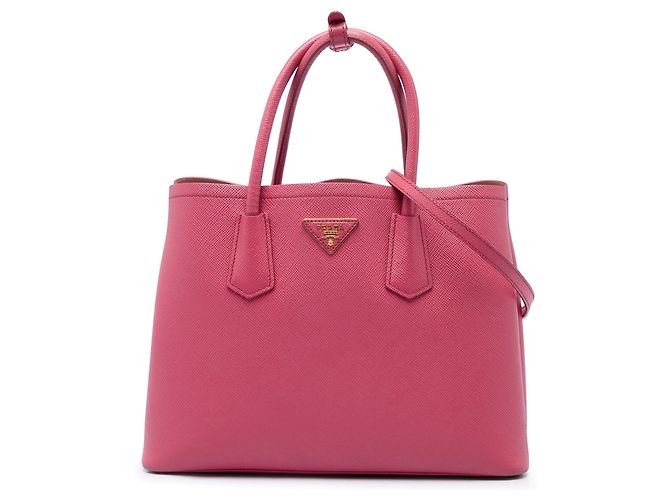 Prada Bolsa Double Satchel em Couro Saffiano Rosa Medium
