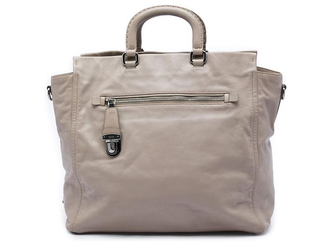 Bolsa Satchel Prada em couro de bezerro bege com bolso frontal