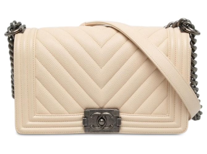 Le Boy Chanel Brown Old Medium Chevron Caviar Boy Flap Marrom Bege