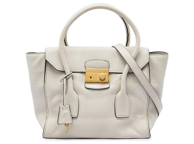 Bolsa Satchel Prada White Vitello Daino Sound Lock Branco