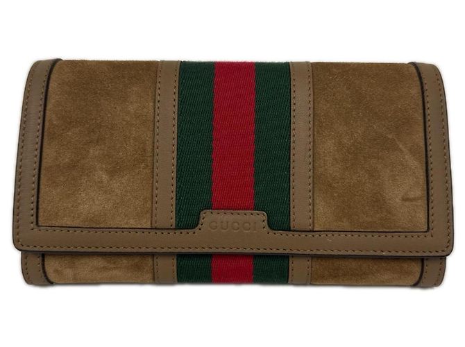 Gucci Suede Web Leather Zip-Around Wallet Brown Red Green