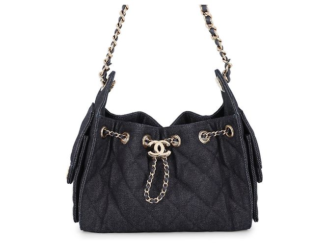 Bolsa de ombro mini com corrente em denim Chanel Preto