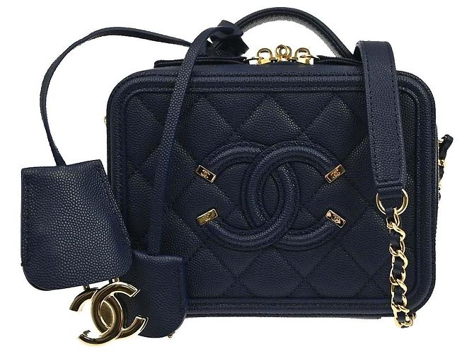 Chanel Filigree Vanity Case Quilted Caviar Medium Blu navy