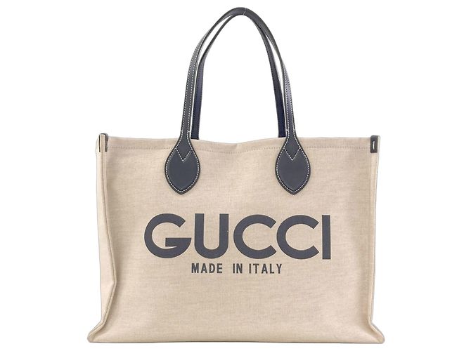Gucci Canvas Logo Tote Bag Beige Marineblau