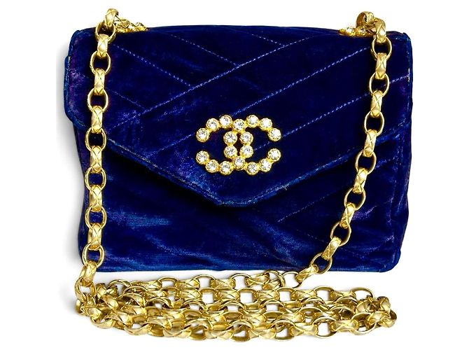 Chanel Mini Square Chevron Classic Flap Bag marineblauer Samt