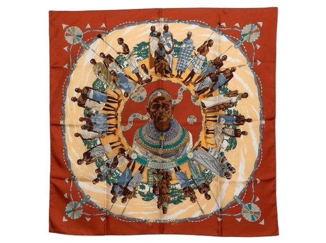 Hermès Lenço Hermes Carre 90 PERLES DU KENYA Marrom Multicor
