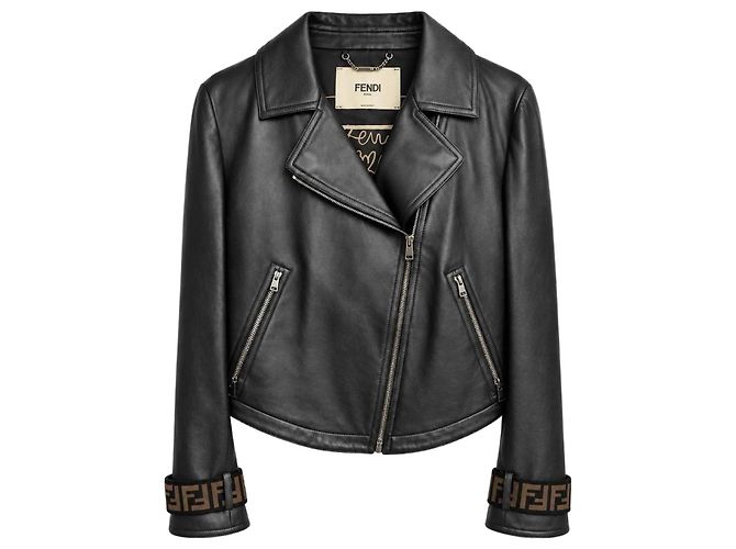 Fendi Giacca Biker in Pelle Nera e Velluto Zucca Marrone Nero