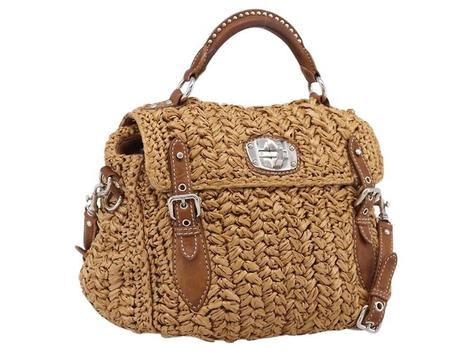 Bolsa de Mão Miu Miu Raffia 2way Brown Silver Auth 167658M Marrom Prata